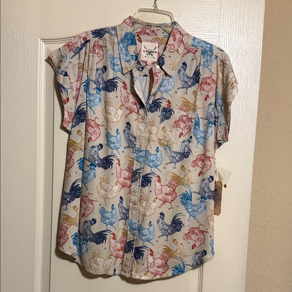 Rye Cream Button-Down Shirt with Red, Blue & Gold Rooster Print